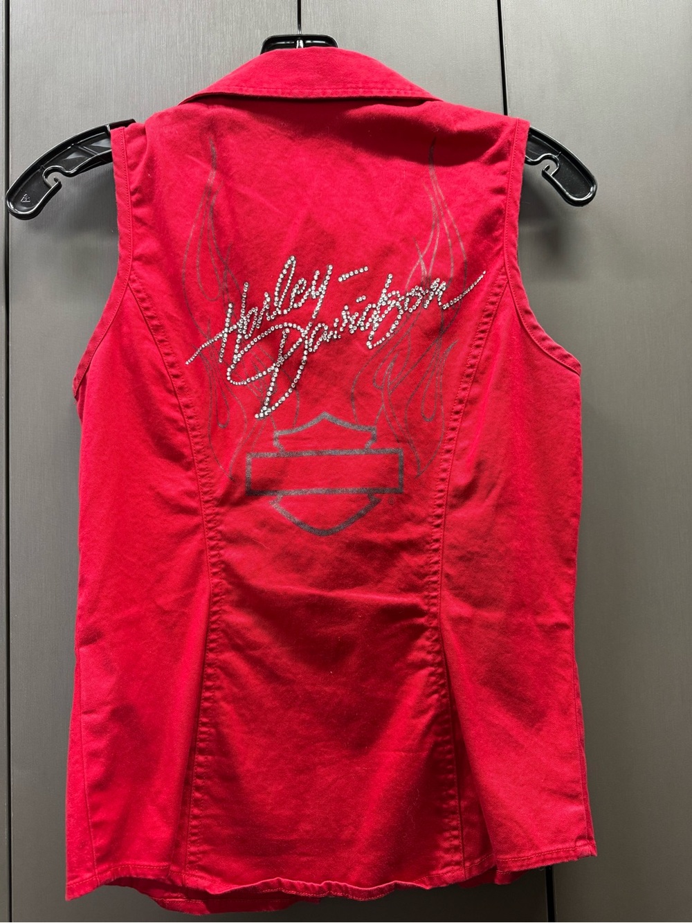 Harley-Davidson Red Sleeveless Zip-Front Tank with Rhinestone Logo